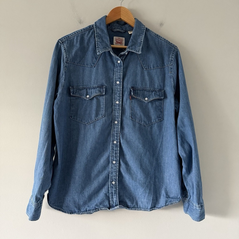 Levi's Ultimae Western Denim Shirt XL Pearl Snap Yoke Cowgirl Western Rodeo Blue
